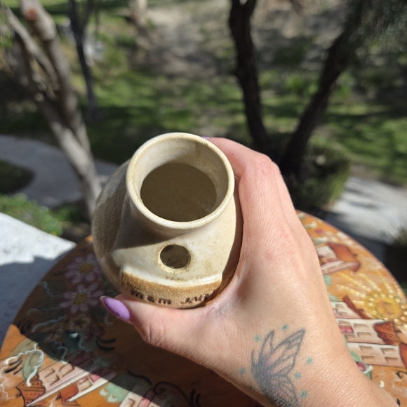 Small Vintage Ceramic m&m JAR Beige Tan Ash Glazed Pottery Vessel Vase W/ Hole - Picture 8 of 17